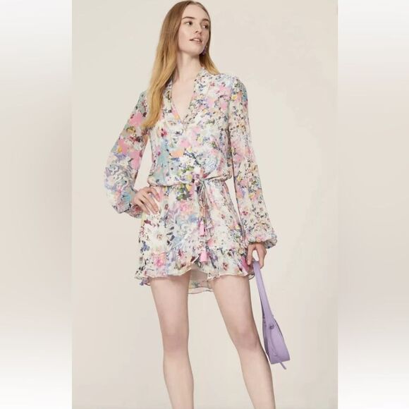 Rococo Sand Floral Leila Metallic Stars Mini Dress Sz XS Wrap Viscose Lined NWT - Picture 4 of 17